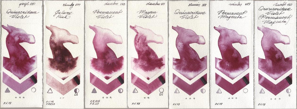 Golden QOR 280 Quinacridone Violet, Shminke Horadam Aquarell 971 Galaxy Pink, Daniel Smith 073 Permanent Violet, 214 Mayan Violet, 368 Quinacridone Violet, Winsor & Newton Professional 489 Permanent Magenta, Holbein Artists Watercolor 120 Quinacridone Violet (Permanent Magent watercolor swatch