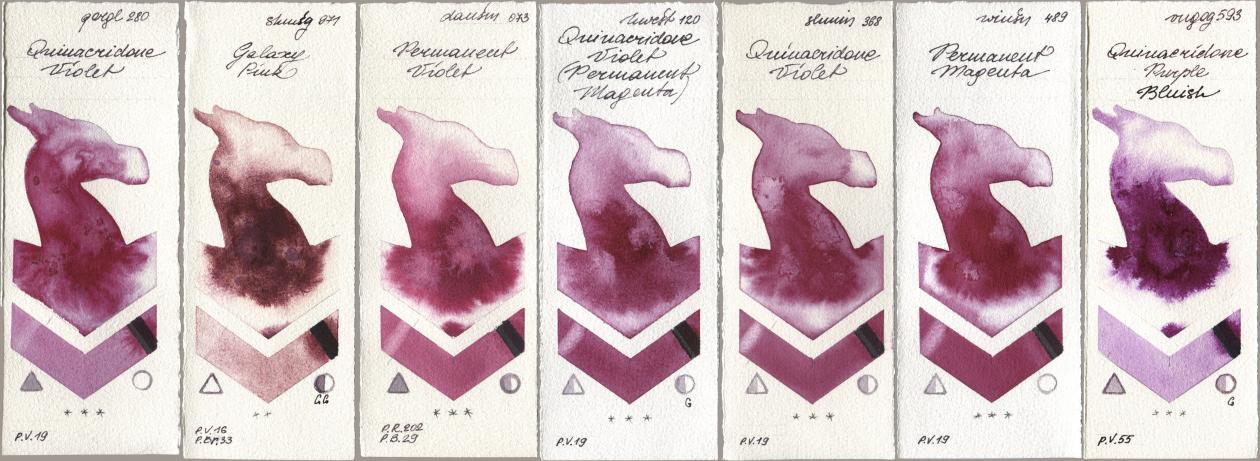 Golden QOR 280 Quinacridone Violet, Shminke Horadam Aquarell 971 Galaxy Pink, Daniel Smith 073 Permanent Violet, Holbein Artists Watercolor 120 Quinacridone Violet (Permanent Magenta), 368 Quinacridone Violet, Winsor & Newton Professional 489 Permanent Magenta, Royal Talens Van Gogh Watercolour 593 Quinacridone Purple Blui watercolor swatch