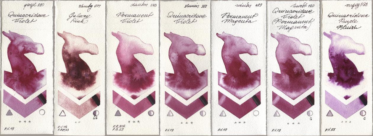 Golden QOR 280 Quinacridone Violet, Shminke Horadam Aquarell 971 Galaxy Pink, Daniel Smith 073 Permanent Violet, 368 Quinacridone Violet, Winsor & Newton Professional 489 Permanent Magenta, Holbein Artists Watercolor 120 Quinacridone Violet (Permanent Magenta), Royal Talens Van Gogh Watercolour 593 Quinacridone Purple Blui watercolor swatch