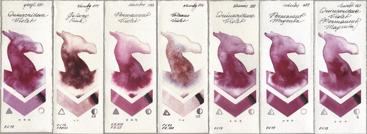 Golden QOR 280 Quinacridone Violet, Shminke Horadam Aquarell 971 Galaxy Pink, Daniel Smith 073 Permanent Violet, 914 Volcano Violet, 368 Quinacridone Violet, Winsor & Newton Professional 489 Permanent Magenta, Holbein Artists Watercolor 120 Quinacridone Violet (Permanent Magent watercolor swatch