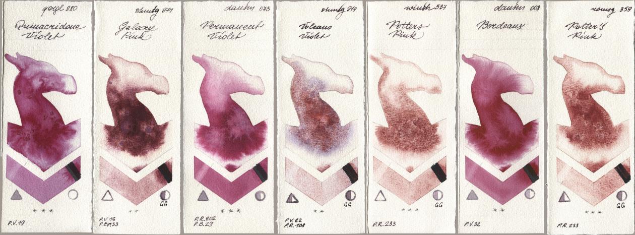 Golden QOR 280 Quinacridone Violet, Shminke Horadam Aquarell 971 Galaxy Pink, Daniel Smith 073 Permanent Violet, 914 Volcano Violet, Winsor & Newton Professional 537 Potters Pink, 008 Bordeaux, Roman Szmal Aquarius 359 Potters Pi watercolor swatch