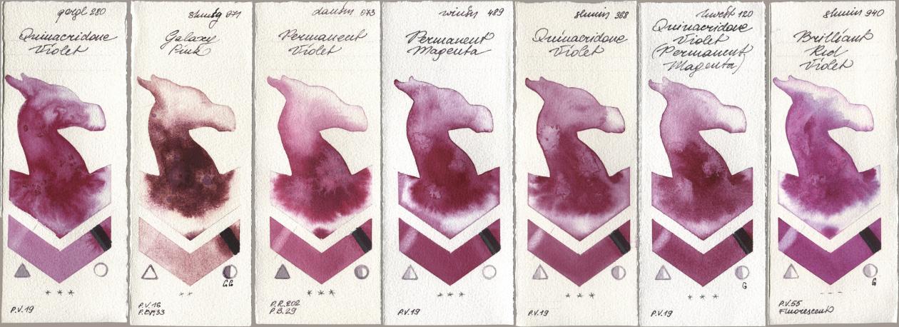 Golden QOR 280 Quinacridone Violet, Shminke Horadam Aquarell 971 Galaxy Pink, Daniel Smith 073 Permanent Violet, Winsor & Newton Professional 489 Permanent Magenta, 368 Quinacridone Violet, Holbein Artists Watercolor 120 Quinacridone Violet (Permanent Magenta), 940 Brilliant Red Viol watercolor swatch