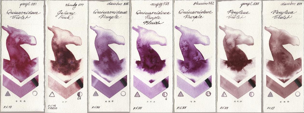 Golden QOR 280 Quinacridone Violet, Shminke Horadam Aquarell 971 Galaxy Pink, Daniel Smith 225 Quinacridone Purple, Royal Talens Van Gogh Watercolour 593 Quinacridone Purple Bluish, 472 Quinacridone Purple, 635 Perylene Violet, 201 Perylene Viol watercolor swatch