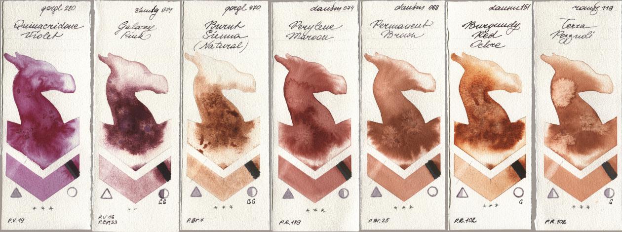 Golden QOR 280 Quinacridone Violet, Shminke Horadam Aquarell 971 Galaxy Pink, 470 Burnt Sienna (Natural), Daniel Smith 074 Perylene Maroon, 068 Permanent Brown, 151 Burgundy Red Ochre, Roman Szmal Aquarius 119 Terra Pozzuo watercolor swatch