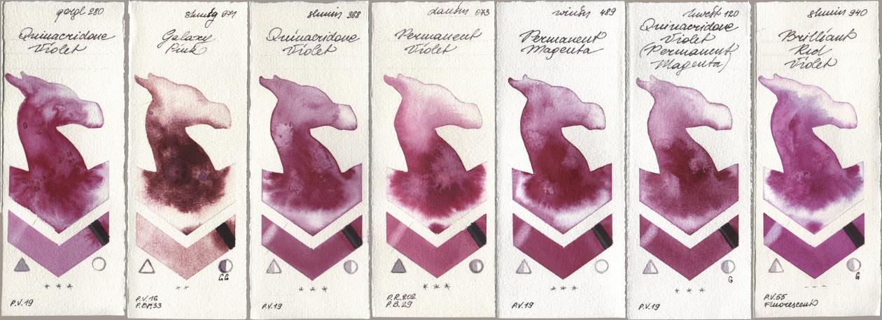 Golden QOR 280 Quinacridone Violet, Shminke Horadam Aquarell 971 Galaxy Pink, 368 Quinacridone Violet, Daniel Smith 073 Permanent Violet, Winsor & Newton Professional 489 Permanent Magenta, Holbein Artists Watercolor 120 Quinacridone Violet (Permanent Magenta), 940 Brilliant Red Viol watercolor swatch