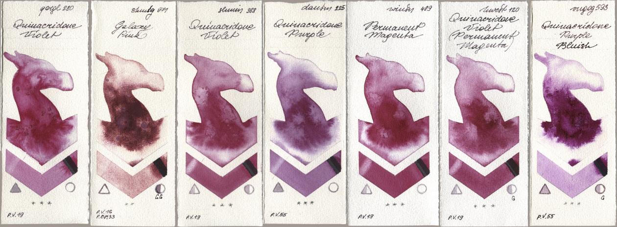 Golden QOR 280 Quinacridone Violet, Shminke Horadam Aquarell 971 Galaxy Pink, 368 Quinacridone Violet, Daniel Smith 225 Quinacridone Purple, Winsor & Newton Professional 489 Permanent Magenta, Holbein Artists Watercolor 120 Quinacridone Violet (Permanent Magenta), Royal Talens Van Gogh Watercolour 593 Quinacridone Purple Blui watercolor swatch