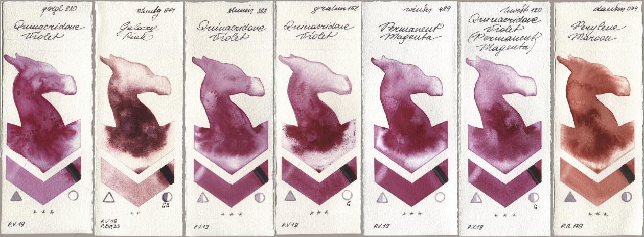 Golden QOR 280 Quinacridone Violet, Shminke Horadam Aquarell 971 Galaxy Pink, 368 Quinacridone Violet, M. Graham & Co. Artists 158 Quinacridone Violet, Winsor & Newton Professional 489 Permanent Magenta, Holbein Artists Watercolor 120 Quinacridone Violet (Permanent Magenta), Daniel Smith 074 Perylene Maro watercolor swatch