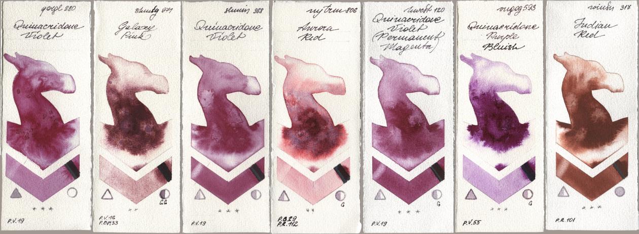 Golden QOR 280 Quinacridone Violet, Shminke Horadam Aquarell 971 Galaxy Pink, 368 Quinacridone Violet, Mijello Mission Gold 806 Aurora Red, Holbein Artists Watercolor 120 Quinacridone Violet (Permanent Magenta), Royal Talens Van Gogh Watercolour 593 Quinacridone Purple Bluish, Winsor & Newton Professional 317 Indian R watercolor swatch