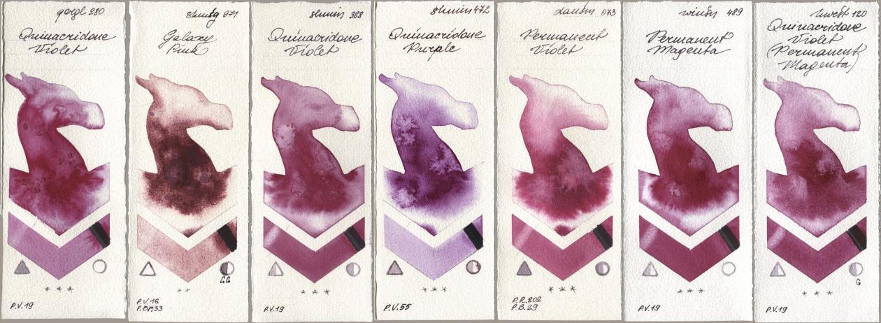 Golden QOR 280 Quinacridone Violet, Shminke Horadam Aquarell 971 Galaxy Pink, 368 Quinacridone Violet, 472 Quinacridone Purple, Daniel Smith 073 Permanent Violet, Winsor & Newton Professional 489 Permanent Magenta, Holbein Artists Watercolor 120 Quinacridone Violet (Permanent Magent watercolor swatch