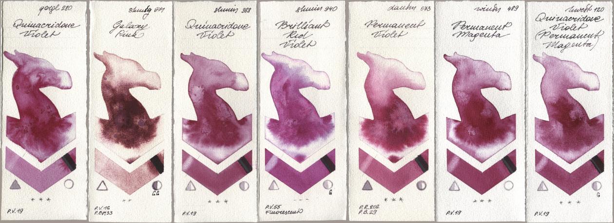 Golden QOR 280 Quinacridone Violet, Shminke Horadam Aquarell 971 Galaxy Pink, 368 Quinacridone Violet, 940 Brilliant Red Violet, Daniel Smith 073 Permanent Violet, Winsor & Newton Professional 489 Permanent Magenta, Holbein Artists Watercolor 120 Quinacridone Violet (Permanent Magent watercolor swatch