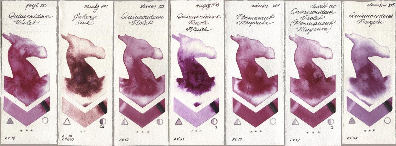 Golden QOR 280 Quinacridone Violet, Shminke Horadam Aquarell 971 Galaxy Pink, 368 Quinacridone Violet, Royal Talens Van Gogh Watercolour 593 Quinacridone Purple Bluish, Winsor & Newton Professional 489 Permanent Magenta, Holbein Artists Watercolor 120 Quinacridone Violet (Permanent Magenta), Daniel Smith 225 Quinacridone Purp watercolor swatch