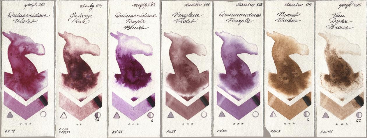 Golden QOR 280 Quinacridone Violet, Shminke Horadam Aquarell 971 Galaxy Pink, Royal Talens Van Gogh Watercolour 593 Quinacridone Purple Bluish, Daniel Smith 201 Perylene Violet, 225 Quinacridone Purple, 011 Burnt Umber, 495 Van Dyke Bro watercolor swatch