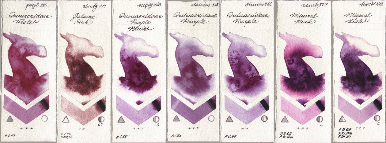 Golden QOR 280 Quinacridone Violet, Shminke Horadam Aquarell 971 Galaxy Pink, Royal Talens Van Gogh Watercolour 593 Quinacridone Purple Bluish, Daniel Smith 225 Quinacridone Purple, 472 Quinacridone Purple, Roman Szmal Aquarius 379 Mineral Pink, Holbein Artists Watercolor 112 Mineral Viol watercolor swatch