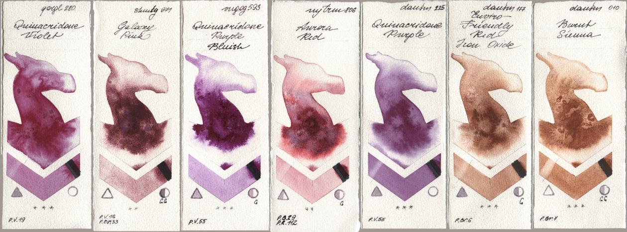 Golden QOR 280 Quinacridone Violet, Shminke Horadam Aquarell 971 Galaxy Pink, Royal Talens Van Gogh Watercolour 593 Quinacridone Purple Bluish, Mijello Mission Gold 806 Aurora Red, Daniel Smith 225 Quinacridone Purple, 177 Enviro-Friendly Red Iron Oxide, 010 Burnt Sien watercolor swatch