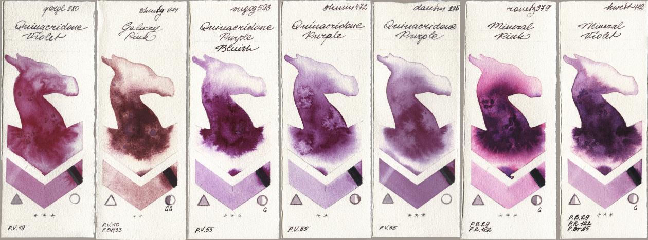 Golden QOR 280 Quinacridone Violet, Shminke Horadam Aquarell 971 Galaxy Pink, Royal Talens Van Gogh Watercolour 593 Quinacridone Purple Bluish, 472 Quinacridone Purple, Daniel Smith 225 Quinacridone Purple, Roman Szmal Aquarius 379 Mineral Pink, Holbein Artists Watercolor 112 Mineral Viol watercolor swatch