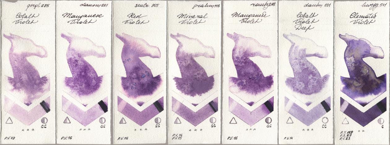 Golden QOR 285 Cobalt Violet, Daniel Smith 261 Manganese Violet, Sennelier l Aquarelle 905 Red Violet, M. Graham & Co. Artists 116 Mineral Violet, Roman Szmal Aquarius 216 Manganese Violet, 031 Cobalt Violet Deep, Holbein Artists Watercolor 541 Clematis Viol watercolor swatch