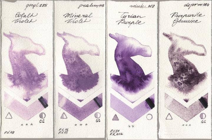 Golden QOR 285 Cobalt Violet, M. Graham & Co. Artists 116 Mineral Violet, Winsor & Newton Professional 419 Tyrian Purple, Daniel Smith 164 Purpurite Genui watercolor swatch