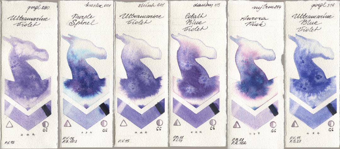 Golden QOR 290 Ultramarine Violet, Kusakabe 001 Purple Spinel, Shinhan PWC 641 Ultramarine Violet, Daniel Smith 115 Cobalt Blue Violet, Mijello Mission Gold 814 Aurora Pink, 316 Ultramarine Blue Viol watercolor swatch