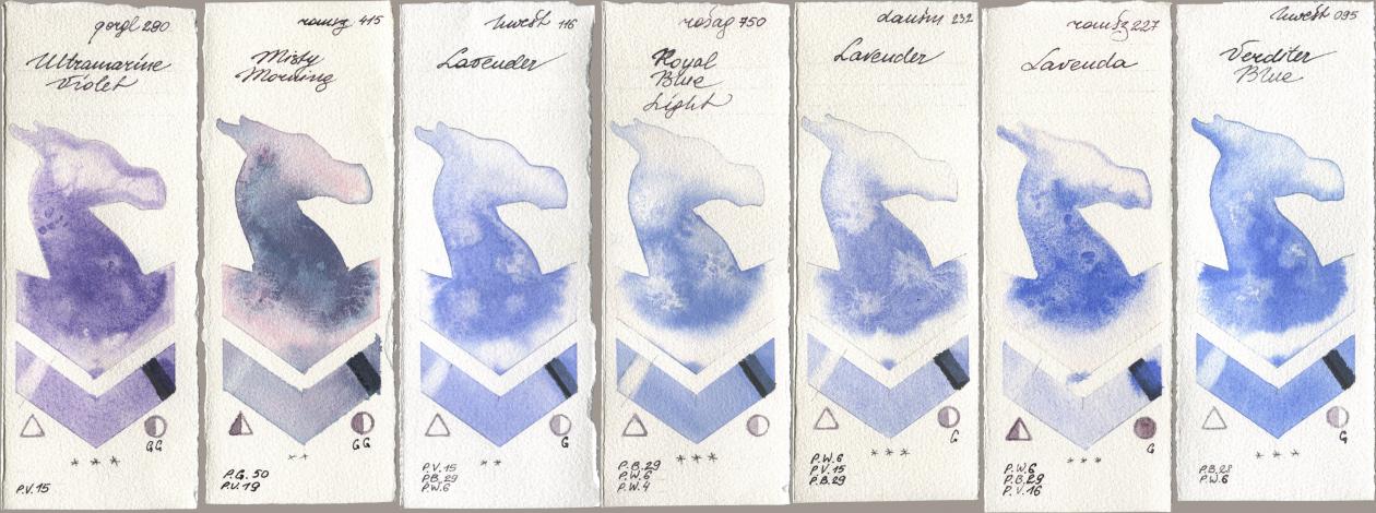 Golden QOR 290 Ultramarine Violet, Roman Szmal Aquarius 415 Misty Morning, Holbein Artists Watercolor 116 Lavender, Rosa Gallery 750 Royal Blue Light, Daniel Smith 232 Lavender, 227 Lavenda, 095 Verditer Bl watercolor swatch