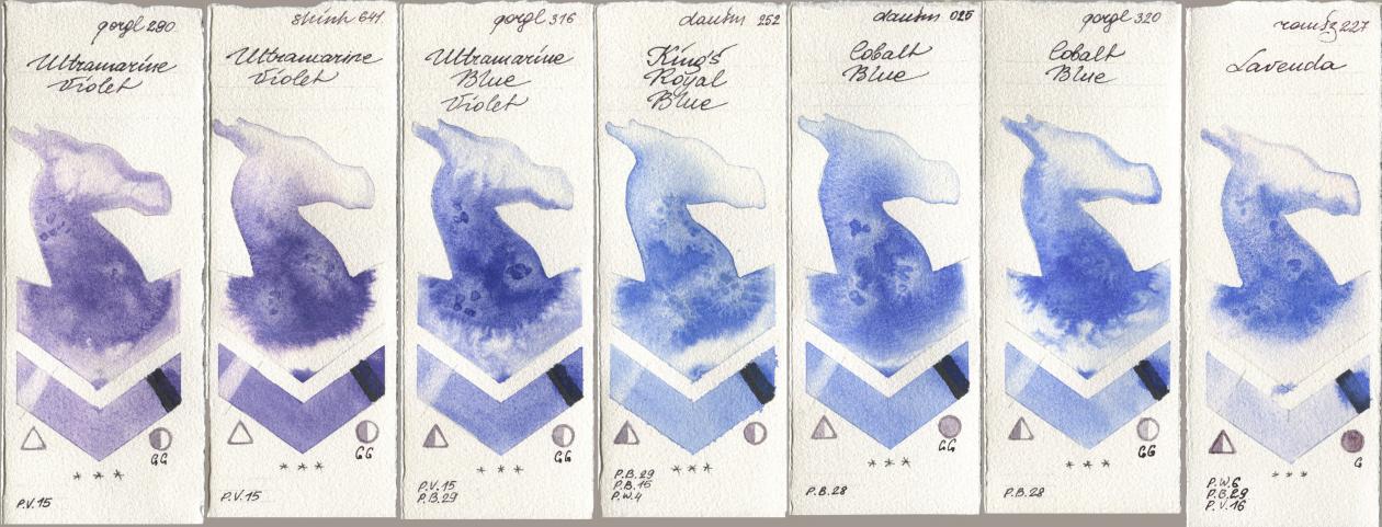 Golden QOR 290 Ultramarine Violet, Shinhan PWC 641 Ultramarine Violet, 316 Ultramarine Blue Violet, Daniel Smith 252 King’s Royal Blue, 025 Cobalt Blue, 320 Cobalt Blue, Roman Szmal Aquarius 227 Laven watercolor swatch
