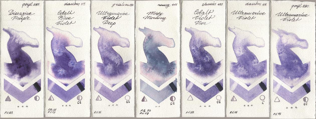 Golden QOR 295 Dioxazine Purple, Daniel Smith 115 Cobalt Blue Violet, M. Graham & Co. Artists 194 Ultramarine Violet Deep, Roman Szmal Aquarius 415 Misty Morning, Shminke Horadam Aquarell 473 Cobalt Violet Hue, 108 Ultramarine Violet, 290 Ultramarine Viol watercolor swatch