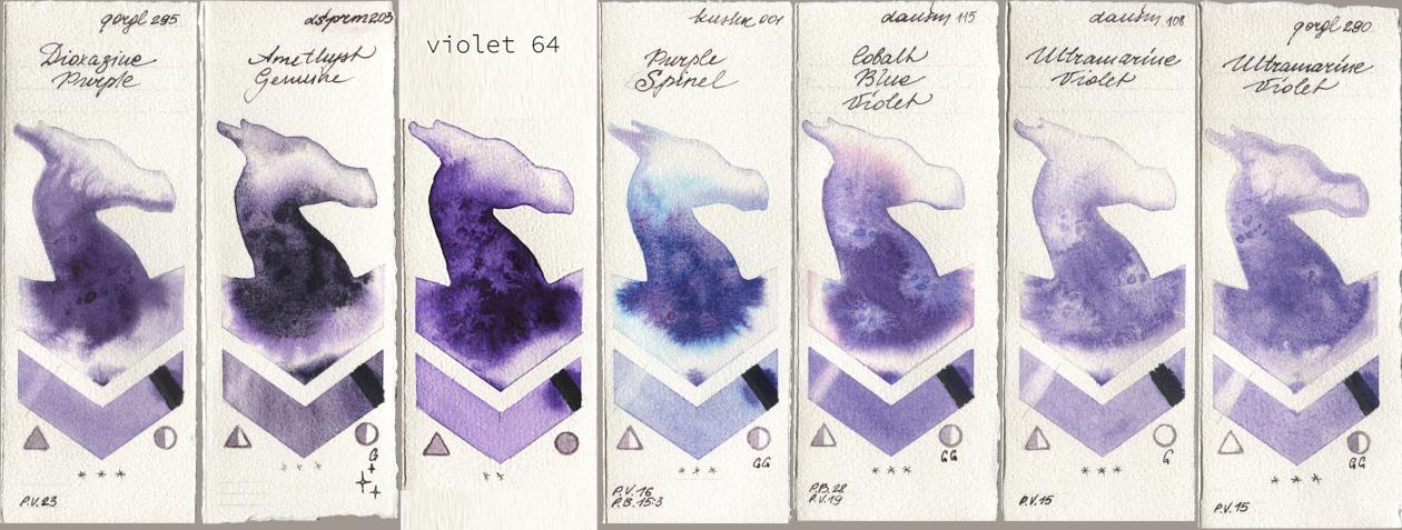 Golden QOR 295 Dioxazine Purple, Daniel Smith 203 Amethyst Genuine, my 064 violet64, Kusakabe 001 Purple Spinel, 115 Cobalt Blue Violet, 108 Ultramarine Violet, 290 Ultramarine Viol watercolor swatch