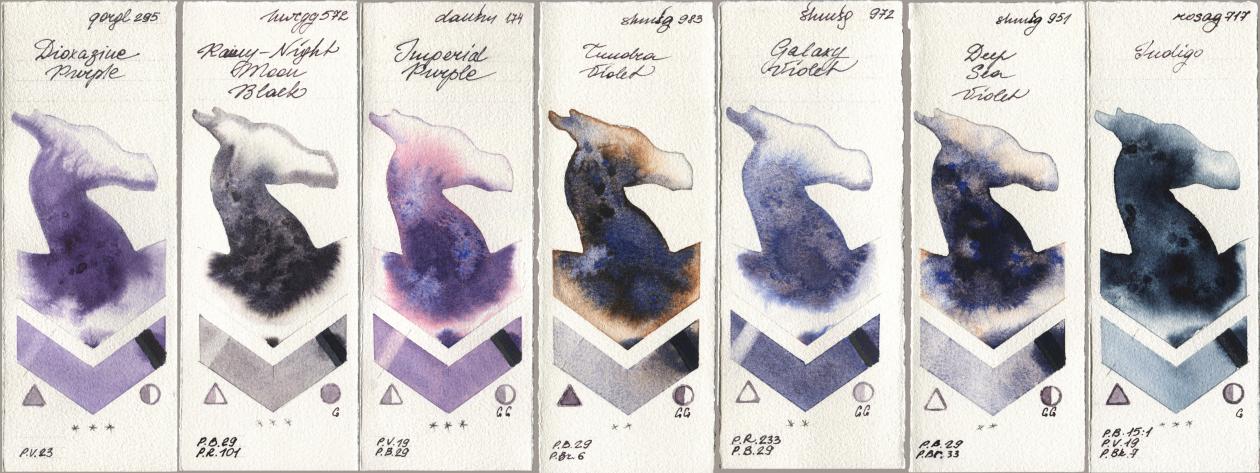 Golden QOR 295 Dioxazine Purple, Holbein Artists Watercolor 572 Rainy-Night Moon Back, Daniel Smith 174 Imperial Purple, Shminke Horadam Aquarell 983 Tundra Violet, 972 Galaxy Violet, 951 Deep Sea Violet, Rosa Gallery 717 Indi watercolor swatch