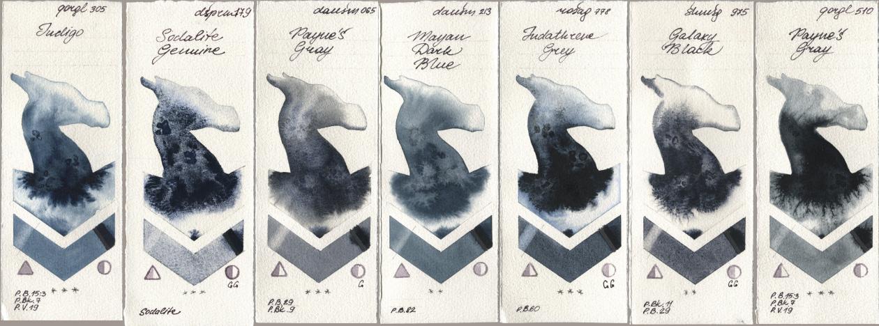 Golden QOR 305 Indigo, Daniel Smith 179 Sodalite Genuine, 065 Paynes Gray, 213 Mayan Dark Blue, Rosa Gallery 778 Indanthrene Grey, Shminke Horadam Aquarell 975 Galaxy Black, 510 Paynes Gr watercolor swatch