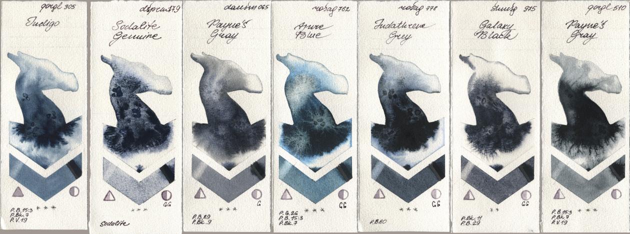 Golden QOR 305 Indigo, Daniel Smith 179 Sodalite Genuine, 065 Paynes Gray, Rosa Gallery 762 Azure Blue, 778 Indanthrene Grey, Shminke Horadam Aquarell 975 Galaxy Black, 510 Paynes Gr watercolor swatch
