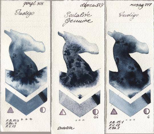Golden QOR 305 Indigo, Daniel Smith 179 Sodalite Genuine, Rosa Gallery 717 Indi watercolor swatch