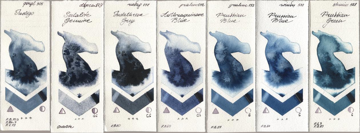 Golden QOR 305 Indigo, Daniel Smith 179 Sodalite Genuine, Rosa Gallery 778 Indanthrene Grey, M. Graham & Co. Artists 012 Anthraquinone Blue, 153 Prussian Blue, Winsor & Newton Professional 538 Prussian Blue, Shminke Horadam Aquarell 528 Prussian Gre watercolor swatch