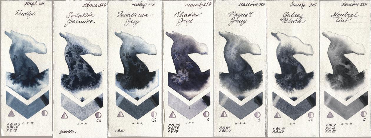 Golden QOR 305 Indigo, Daniel Smith 179 Sodalite Genuine, Rosa Gallery 778 Indanthrene Grey, Roman Szmal Aquarius 259 Shadow Grey, 065 Paynes Gray, Shminke Horadam Aquarell 975 Galaxy Black, 229 Neutral Ti watercolor swatch