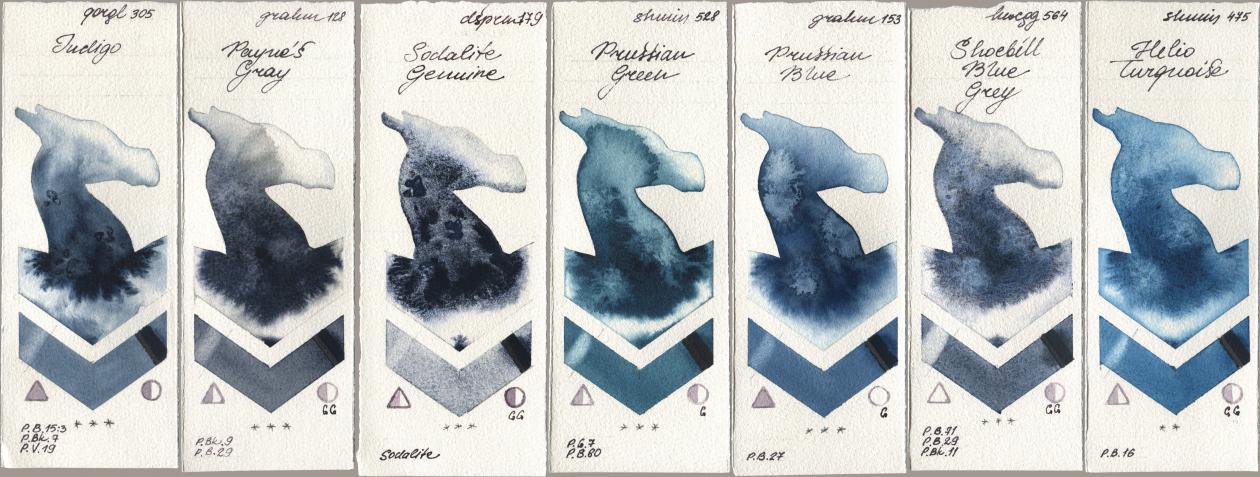 Golden QOR 305 Indigo, M. Graham & Co. Artists 128 Payne’s Gray, Daniel Smith 179 Sodalite Genuine, Shminke Horadam Aquarell 528 Prussian Green, 153 Prussian Blue, Holbein Artists Watercolor 564 Shoebill Blue Grey, 475 Helio Turquoi watercolor swatch