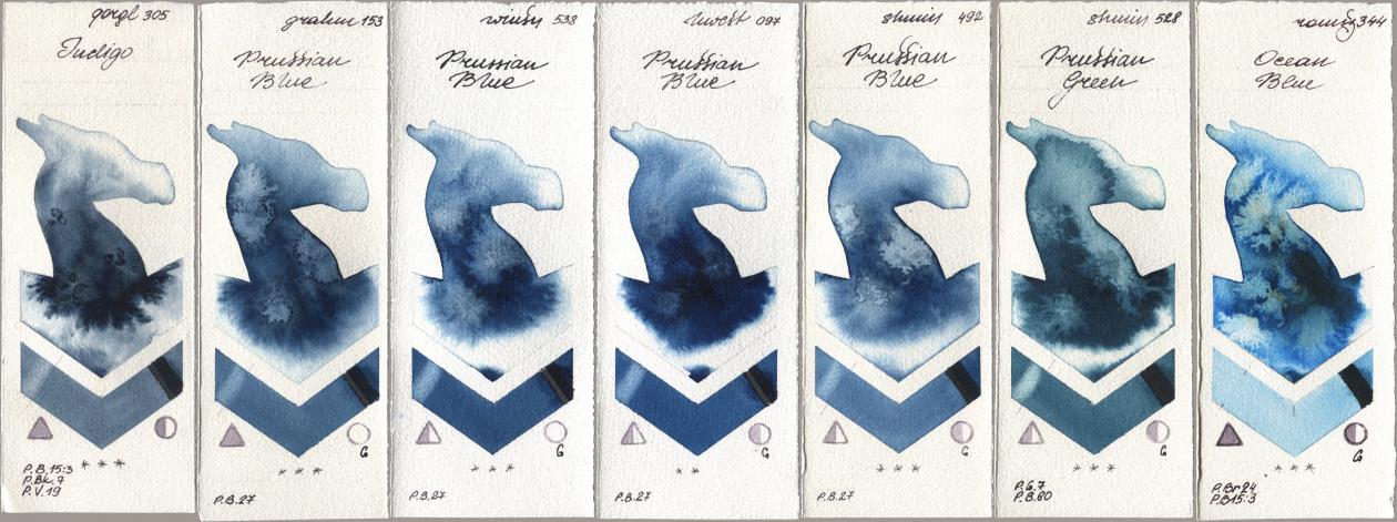 Golden QOR 305 Indigo, M. Graham & Co. Artists 153 Prussian Blue, Winsor & Newton Professional 538 Prussian Blue, Holbein Artists Watercolor 097 Prussian Blue, Shminke Horadam Aquarell 492 Prussian Blue, 528 Prussian Green, Roman Szmal Aquarius 344 Ocean Bl watercolor swatch