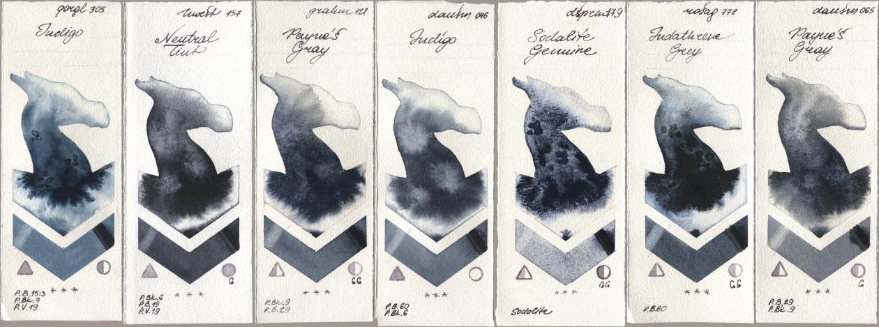 Golden QOR 305 Indigo, Holbein Artists Watercolor 157 Neutral Tint, M. Graham & Co. Artists 128 Payne’s Gray, Daniel Smith 046 Indigo, 179 Sodalite Genuine, Rosa Gallery 778 Indanthrene Grey, 065 Paynes Gr watercolor swatch