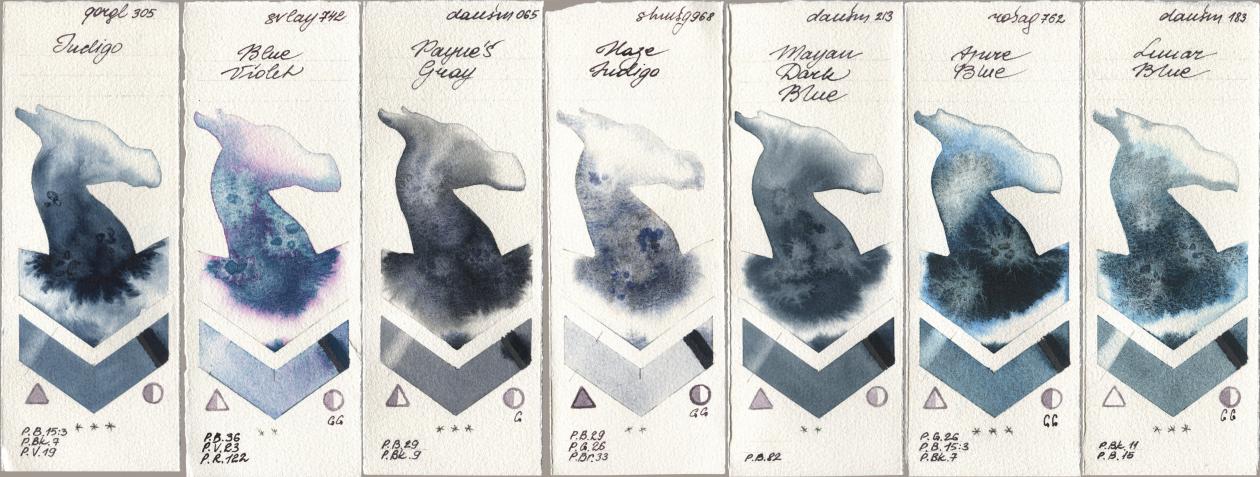 Golden QOR 305 Indigo, SuperVision 742 Blue Violet, Daniel Smith 065 Paynes Gray, Shminke Horadam Aquarell 968 Haze Indigo, 213 Mayan Dark Blue, Rosa Gallery 762 Azure Blue, 183 Lunar Bl watercolor swatch