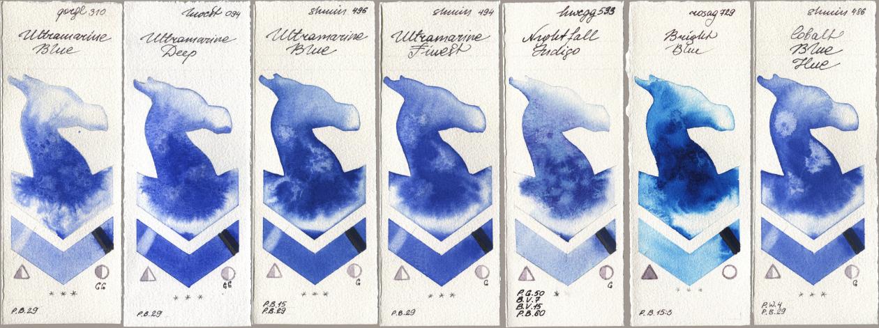 Golden QOR 310 Ultramarine Blue, Holbein Artists Watercolor 094 Ultramarine Deep, Shminke Horadam Aquarell 496 Ultramarine Blue, 494 Ultramarine Finest, 533 Nightfall Indigo, Rosa Gallery 729 Bright Blue, 486 Cobalt Blue H watercolor swatch