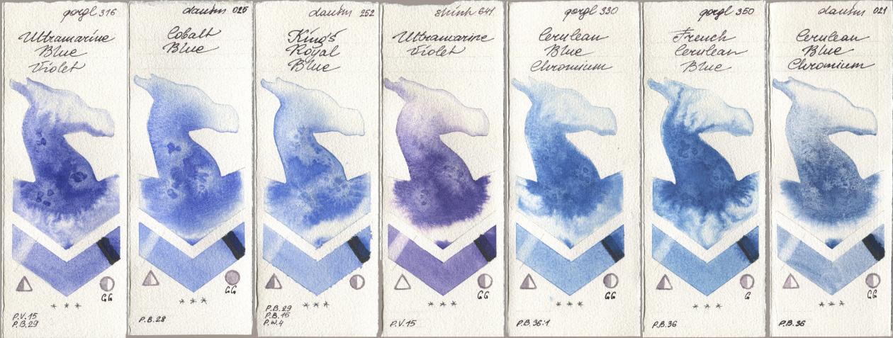 Golden QOR 316 Ultramarine Blue Violet, Daniel Smith 025 Cobalt Blue, 252 King’s Royal Blue, Shinhan PWC 641 Ultramarine Violet, 330 Cerulean Blue, Chromium, 350 French Cerulean Blue, 021 Cerulean Blue Chromi watercolor swatch