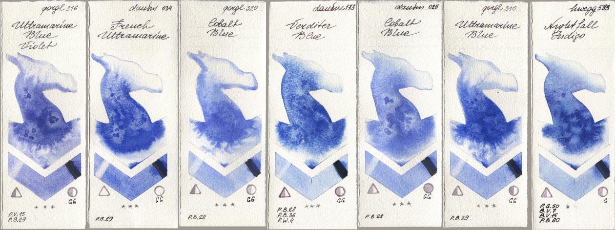 Golden QOR 316 Ultramarine Blue Violet, Daniel Smith 034 French Ultramarine, 320 Cobalt Blue, 173 Verditer Blue, 025 Cobalt Blue, 310 Ultramarine Blue, Holbein Artists Watercolor 533 Nightfall Indi watercolor swatch