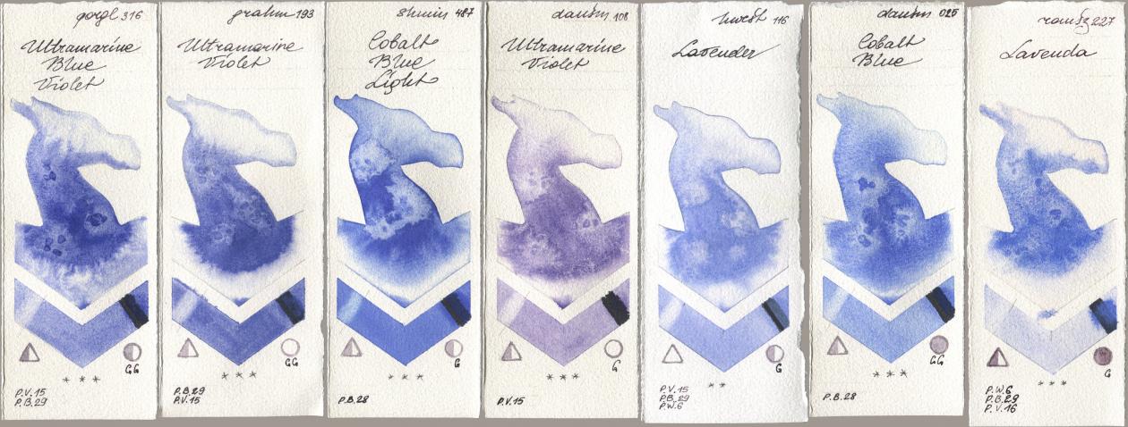 Golden QOR 316 Ultramarine Blue Violet, M. Graham & Co. Artists 193 Ultramarine Violet, Shminke Horadam Aquarell 487 Cobalt Blue Light, Daniel Smith 108 Ultramarine Violet, Holbein Artists Watercolor 116 Lavender, 025 Cobalt Blue, Roman Szmal Aquarius 227 Laven watercolor swatch
