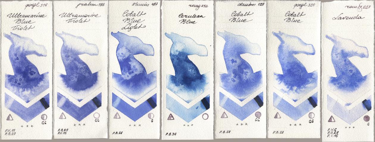 Golden QOR 316 Ultramarine Blue Violet, M. Graham & Co. Artists 193 Ultramarine Violet, Shminke Horadam Aquarell 487 Cobalt Blue Light, Rosa Gallery 752 Cerulean Blue, Daniel Smith 025 Cobalt Blue, 320 Cobalt Blue, Roman Szmal Aquarius 227 Laven watercolor swatch