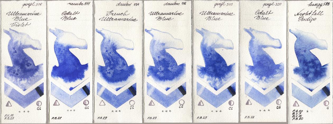 Golden QOR 316 Ultramarine Blue Violet, Royal Talens Rembrandt Watercolour 511 Cobalt Blue, Daniel Smith 034 French Ultramarine, 106 Ultramarine Blue, 310 Ultramarine Blue, 320 Cobalt Blue, Holbein Artists Watercolor 533 Nightfall Indi watercolor swatch