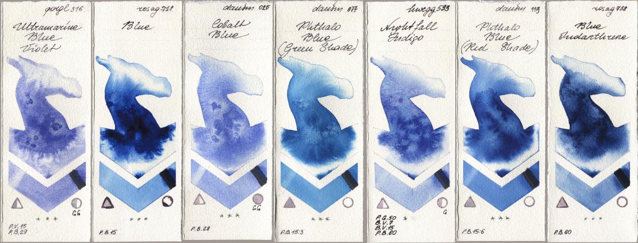 Golden QOR 316 Ultramarine Blue Violet, Rosa Gallery 718 Blue, Daniel Smith 025 Cobalt Blue, 077 Phthalo Blue (Green Shade), Holbein Artists Watercolor 533 Nightfall Indigo, 119 Phthalo Blue (Red Shade), 738 Blue Indanthre watercolor swatch
