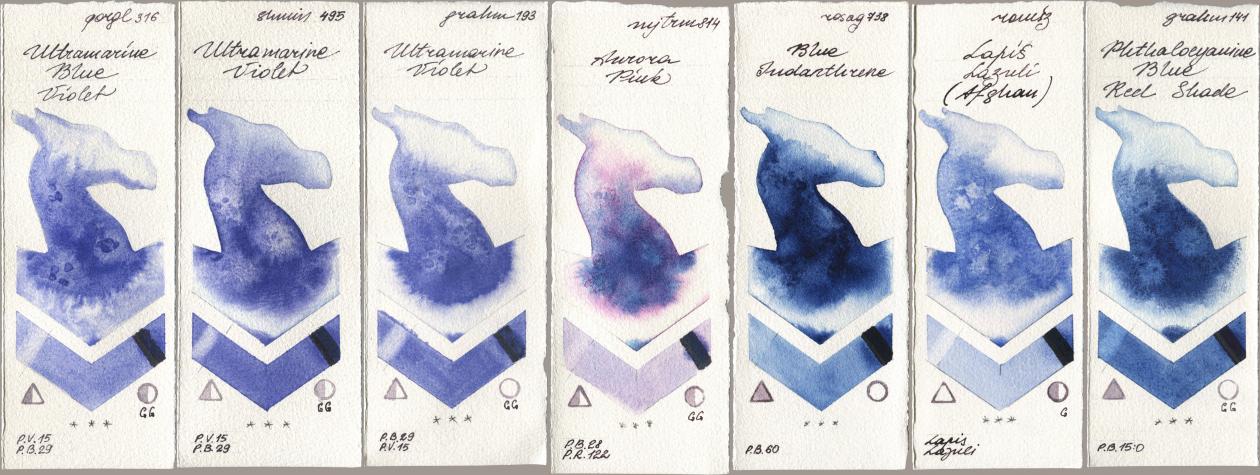 Golden QOR 316 Ultramarine Blue Violet, Shminke Horadam Aquarell 495 Ultramarine Violet, M. Graham & Co. Artists 193 Ultramarine Violet, Mijello Mission Gold 814 Aurora Pink, Rosa Gallery 738 Blue Indanthrene, Roman Szmal Aquarius 999 Lapis Lazuli Afghan, 141 Phthalocyanine Blue Red Sha watercolor swatch