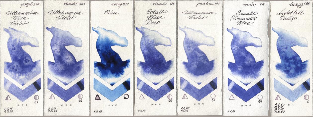 Golden QOR 316 Ultramarine Blue Violet, Shminke Horadam Aquarell 495 Ultramarine Violet, Rosa Gallery 718 Blue, 488 Cobalt Blue Deep, M. Graham & Co. Artists 193 Ultramarine Violet, Winsor & Newton Professional 710 Smalt (Dumonts Blue), Holbein Artists Watercolor 533 Nightfall Indi watercolor swatch