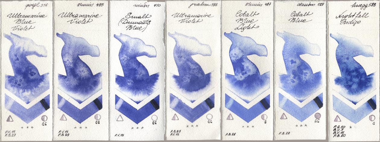Golden QOR 316 Ultramarine Blue Violet, Shminke Horadam Aquarell 495 Ultramarine Violet, Winsor & Newton Professional 710 Smalt (Dumonts Blue), M. Graham & Co. Artists 193 Ultramarine Violet, 487 Cobalt Blue Light, Daniel Smith 025 Cobalt Blue, Holbein Artists Watercolor 533 Nightfall Indi watercolor swatch