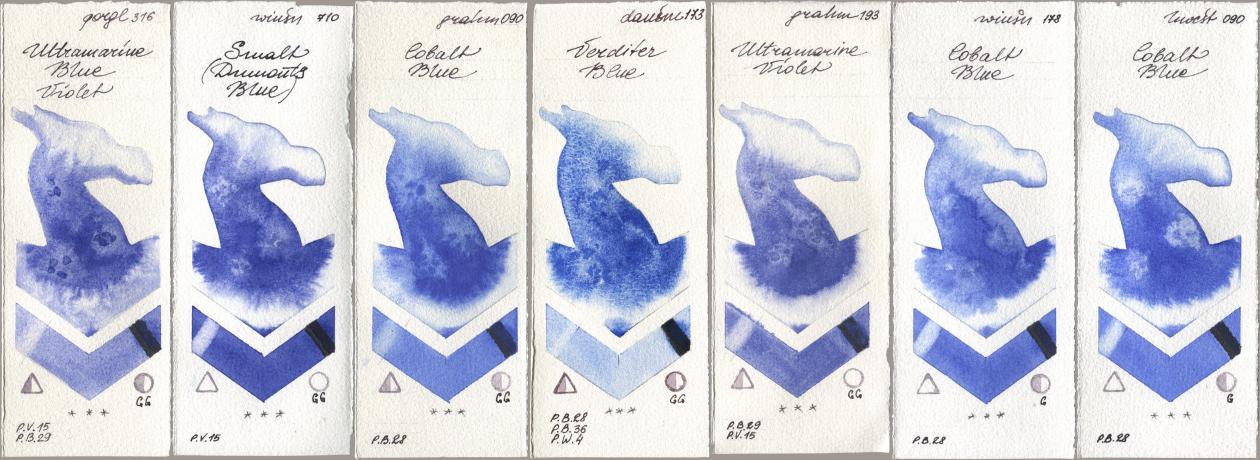 Golden QOR 316 Ultramarine Blue Violet, Winsor & Newton Professional 710 Smalt (Dumonts Blue), M. Graham & Co. Artists 090 Cobalt Blue, Daniel Smith 173 Verditer Blue, 193 Ultramarine Violet, 178 Cobalt Blue, Holbein Artists Watercolor 090 Cobalt Bl watercolor swatch