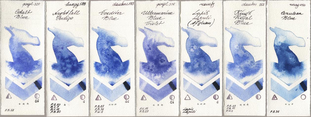 Golden QOR 320 Cobalt Blue, Holbein Artists Watercolor 533 Nightfall Indigo, Daniel Smith 173 Verditer Blue, 316 Ultramarine Blue Violet, Roman Szmal Aquarius 999 Lapis Lazuli Afghan, 252 King’s Royal Blue, Rosa Gallery 752 Cerulean Bl watercolor swatch