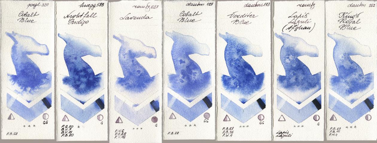 Golden QOR 320 Cobalt Blue, Holbein Artists Watercolor 533 Nightfall Indigo, Roman Szmal Aquarius 227 Lavenda, Daniel Smith 025 Cobalt Blue, 173 Verditer Blue, 999 Lapis Lazuli Afghan, 252 King’s Royal Bl watercolor swatch