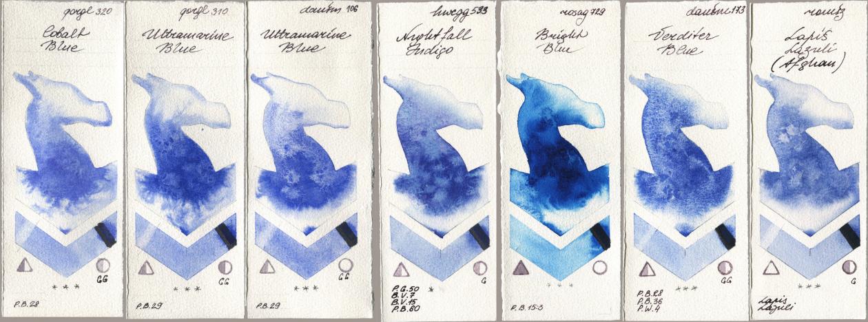 Golden QOR 320 Cobalt Blue, 310 Ultramarine Blue, Daniel Smith 106 Ultramarine Blue, Holbein Artists Watercolor 533 Nightfall Indigo, Rosa Gallery 729 Bright Blue, 173 Verditer Blue, Roman Szmal Aquarius 999 Lapis Lazuli Afgh watercolor swatch